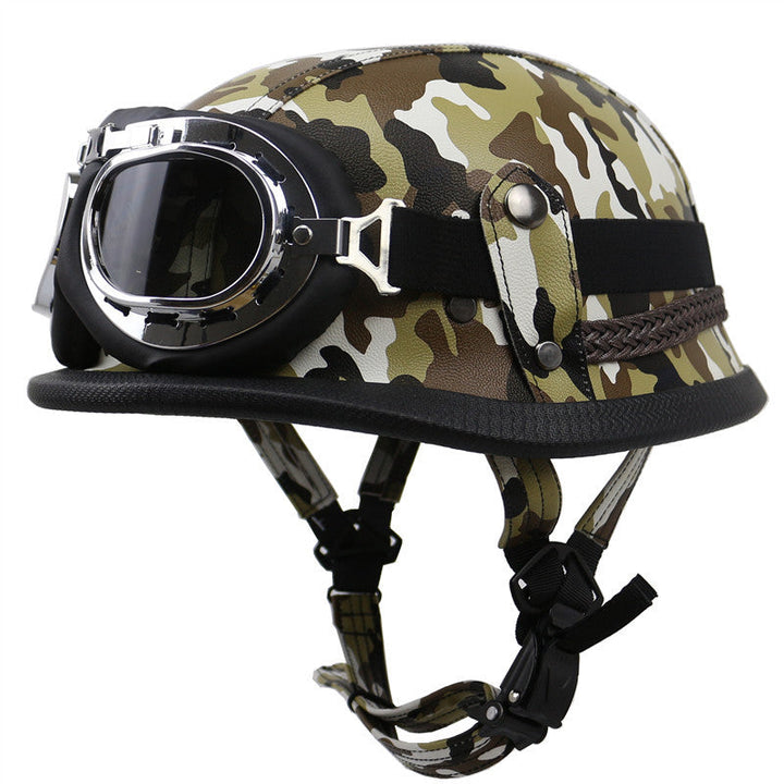 Vintage Leather Biker Helmet with Goggles
