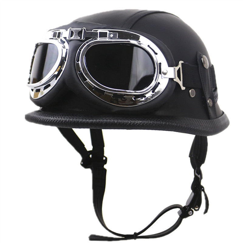Vintage Leather Biker Helmet with Goggles