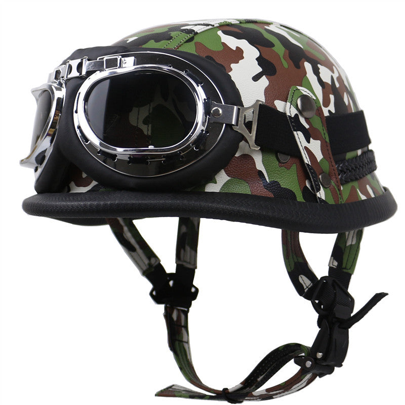 Vintage Leather Biker Helmet with Goggles