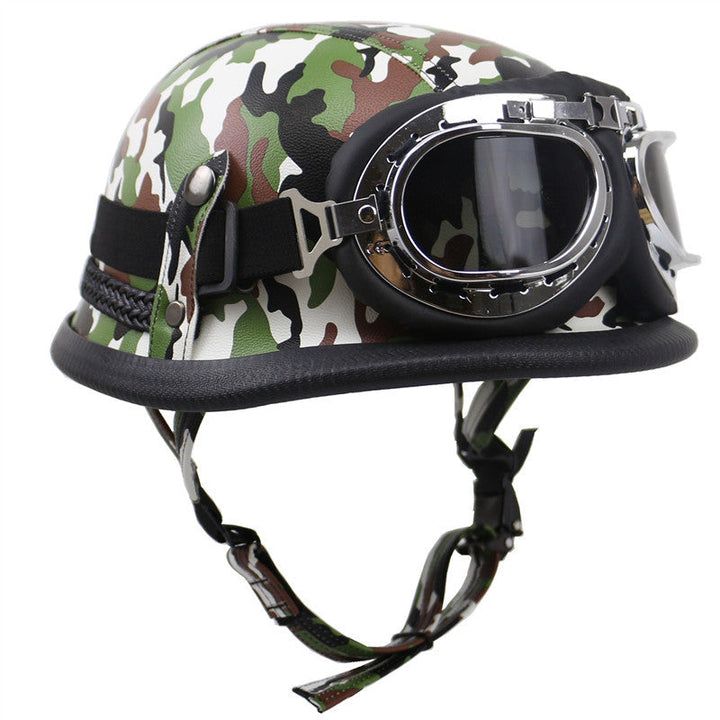 Vintage Leather Biker Helmet with Goggles