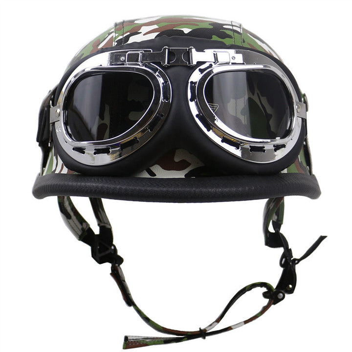 Vintage Leather Biker Helmet with Goggles