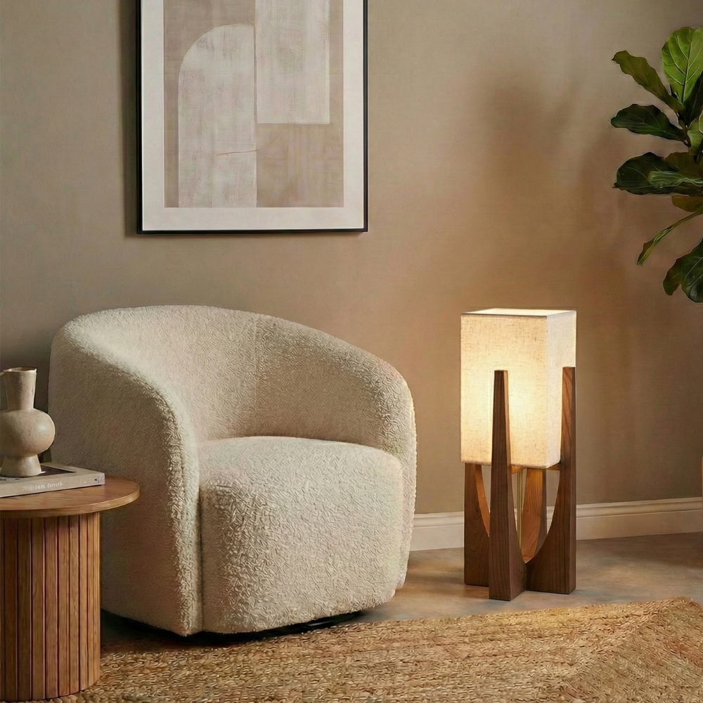 Wabi-Sabi Floor Lamp with Fabric Shade and Wooden Base for Living Room
