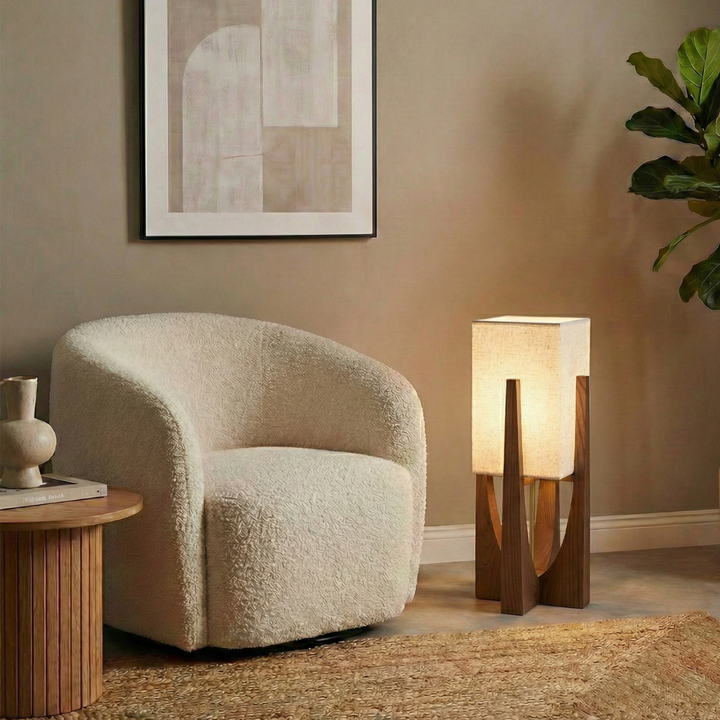 Wabi-Sabi Floor Lamp with Fabric Shade and Wooden Base for Living Room