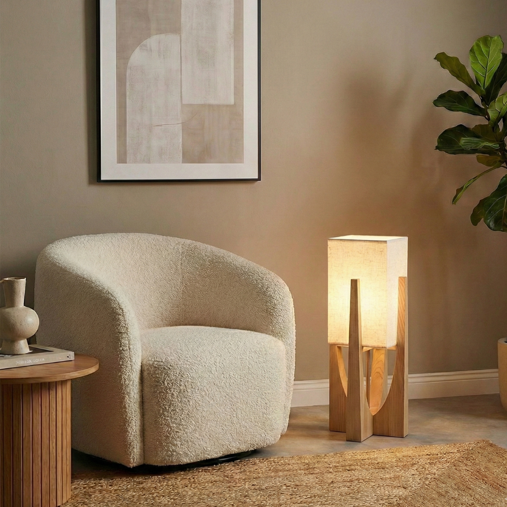Wabi-Sabi Floor Lamp with Fabric Shade and Wooden Base for Living Room
