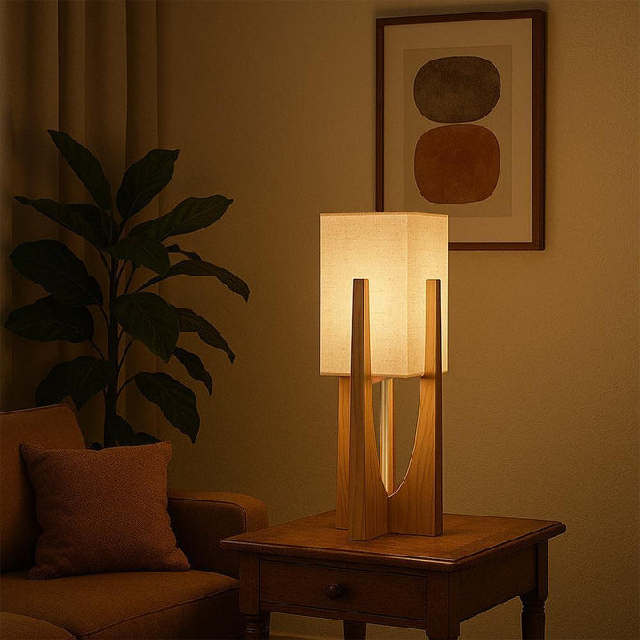 Wabi-Sabi Floor Lamp with Fabric Shade and Wooden Base for Living Room