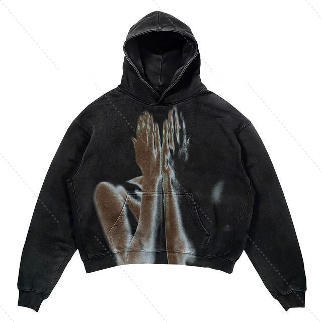 Warm Relaxed Cropped Pullover Hoodie - Polyester Streetwear