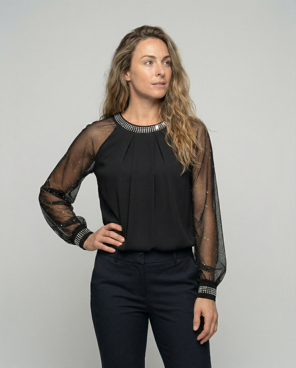 Women's Elegant Mesh Top with Sequins & Transparent Sleeves | Niki
