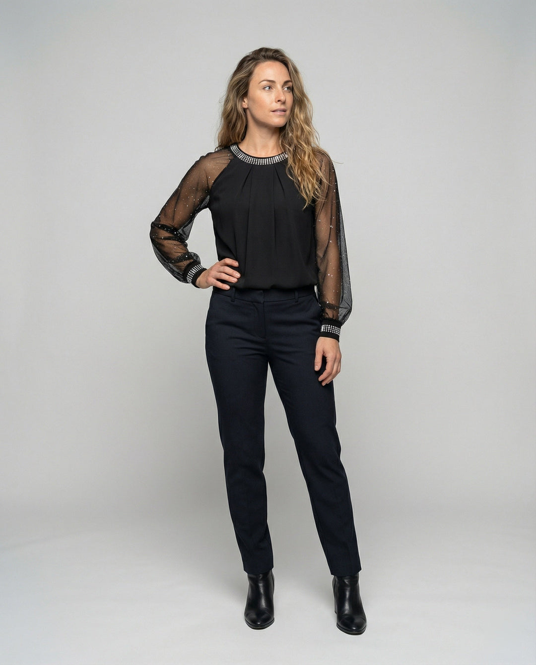 Women's Elegant Mesh Top with Sequins & Transparent Sleeves | Niki