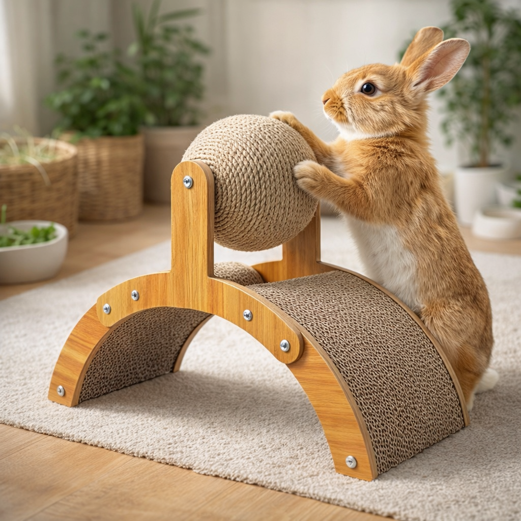 Wooden Bridge Rabbit Scratching Toy with Sisal Play Ball