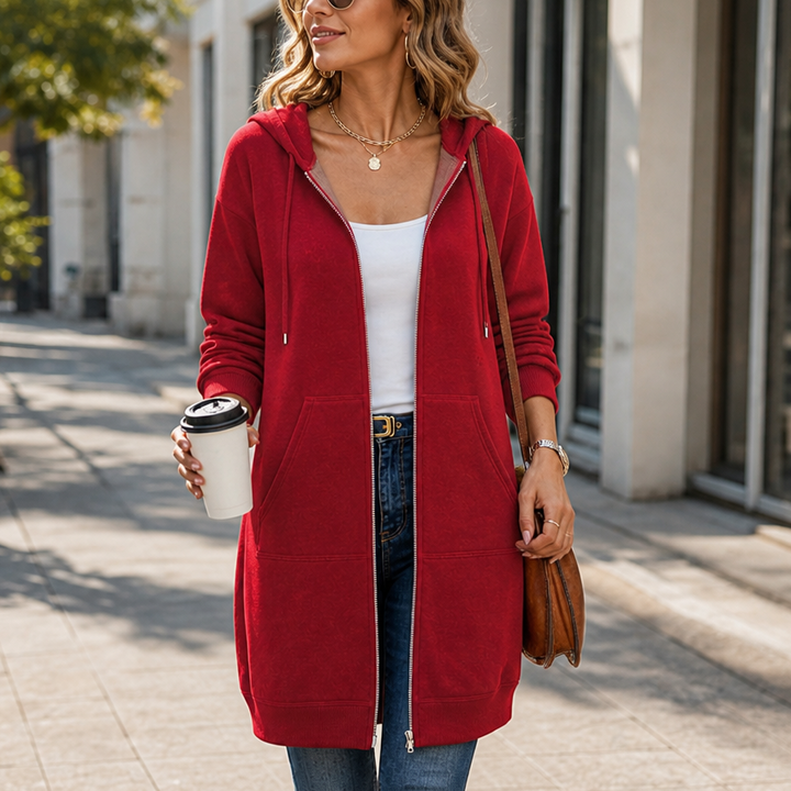Zip-Front Hooded Mid-Length Knit Cardigan